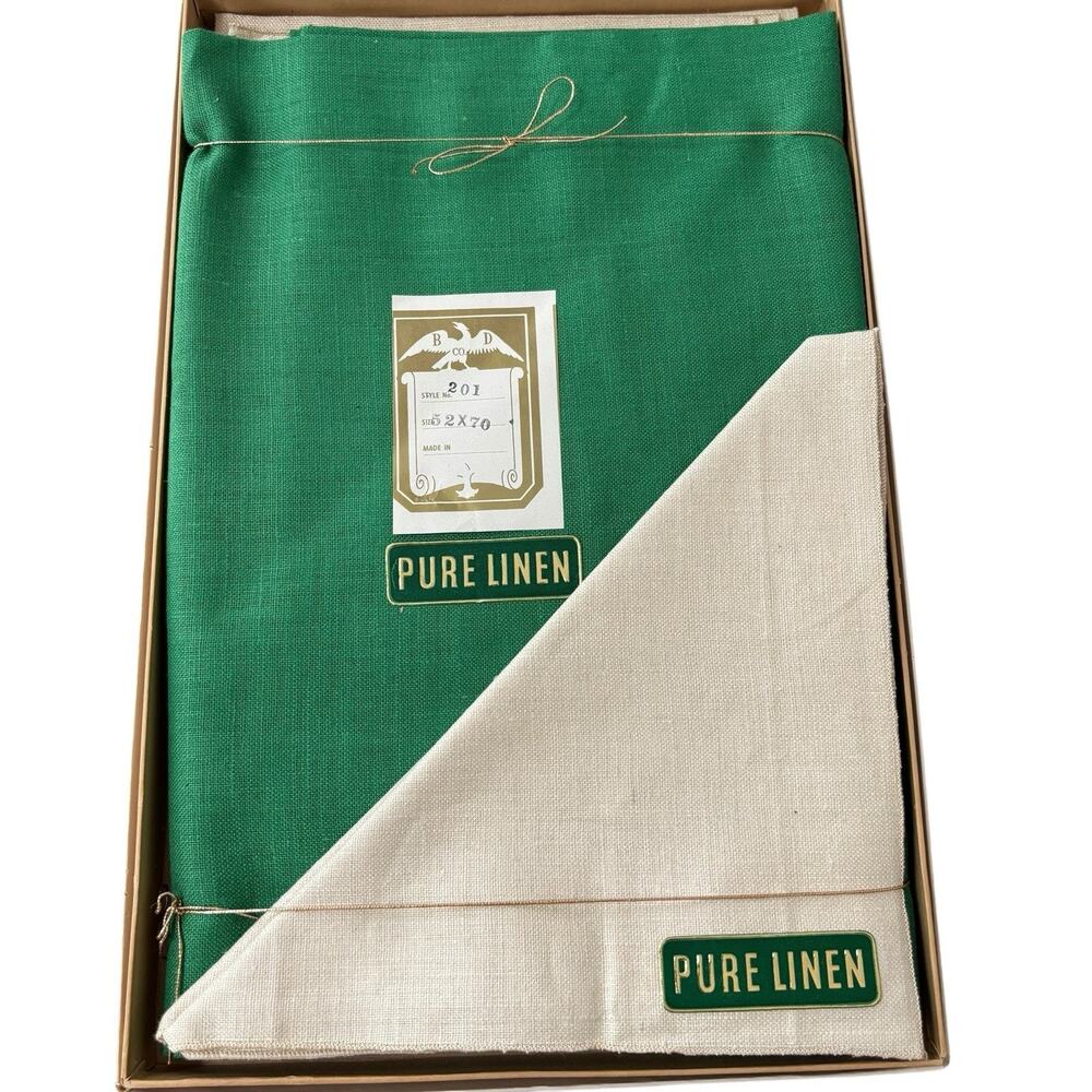 Vintage Kelly Green Pure Linen Tablecloth (52x70) 6 Ivory Linen Napkins NOS* 60s